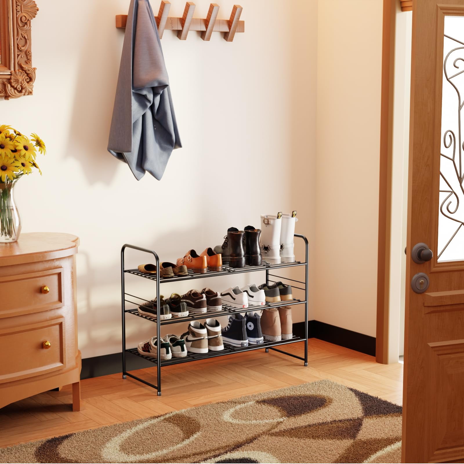 3-Tier Metal Shoes Rack for Closet, 33" Wide Shoe Storage Organizer, Black
