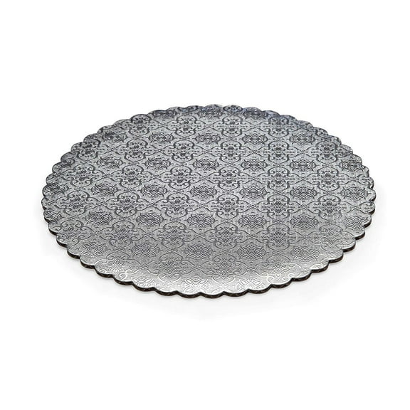 W PACKAGING WPSCC10 10" Silver Scalloped Edge Cake Circle, C-Flute, Corrugated with Coated Embossed Foil Paper Pack of 100