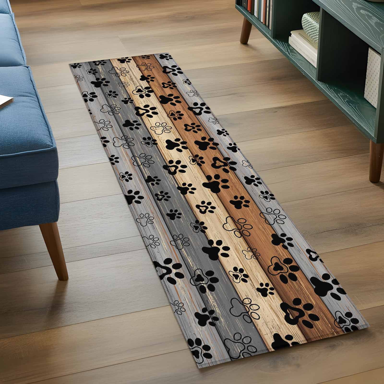 Runner Rug 2 x 6 Ft, Haze Blue Brown Washable Non-Slip Floor Mat for Kitchen Hallway/Entryway, Rustic Farmhouse Dog Paw Vintage Long Kitchen Runner Area Rugs for Living Room, Low-Profile