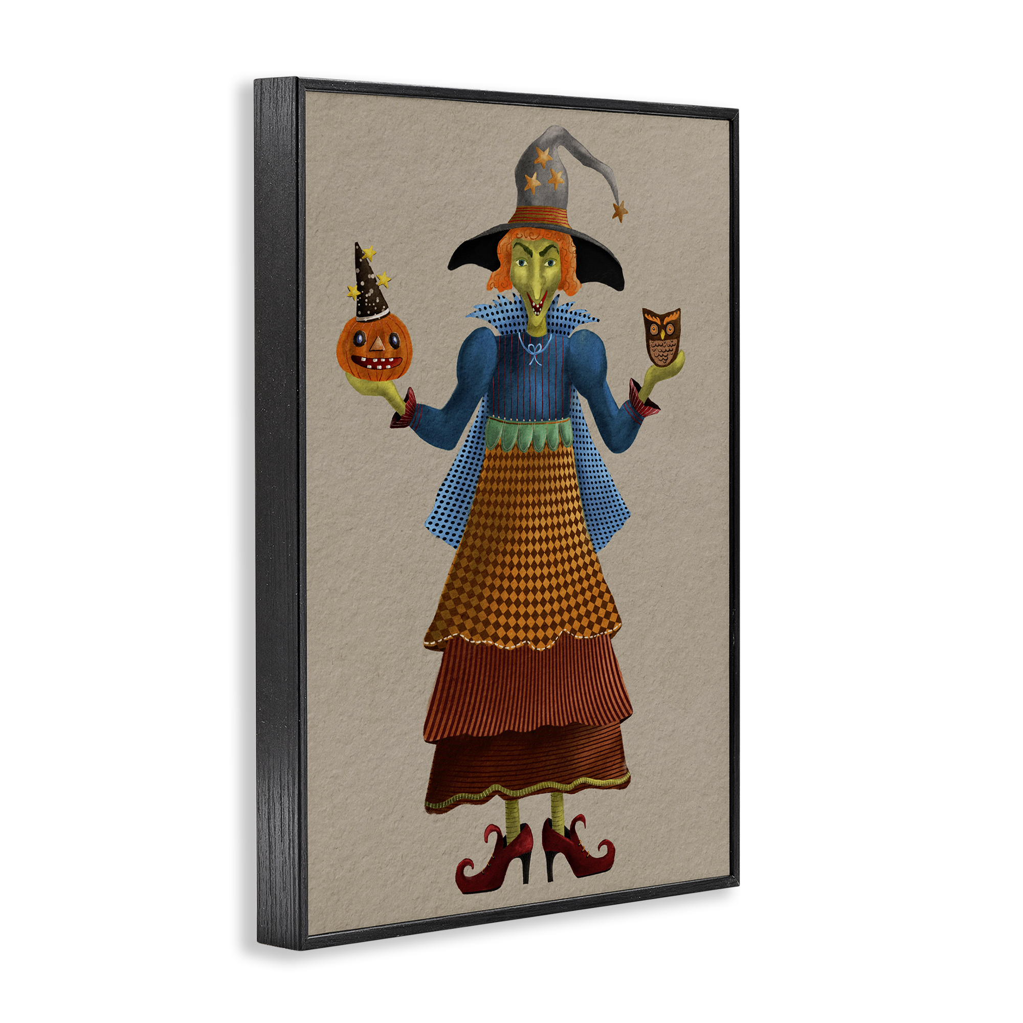 Stupell Industries Halloween Witch in Plaid Holiday Painting Black Framed Art Print Wall Art, 12 x 18