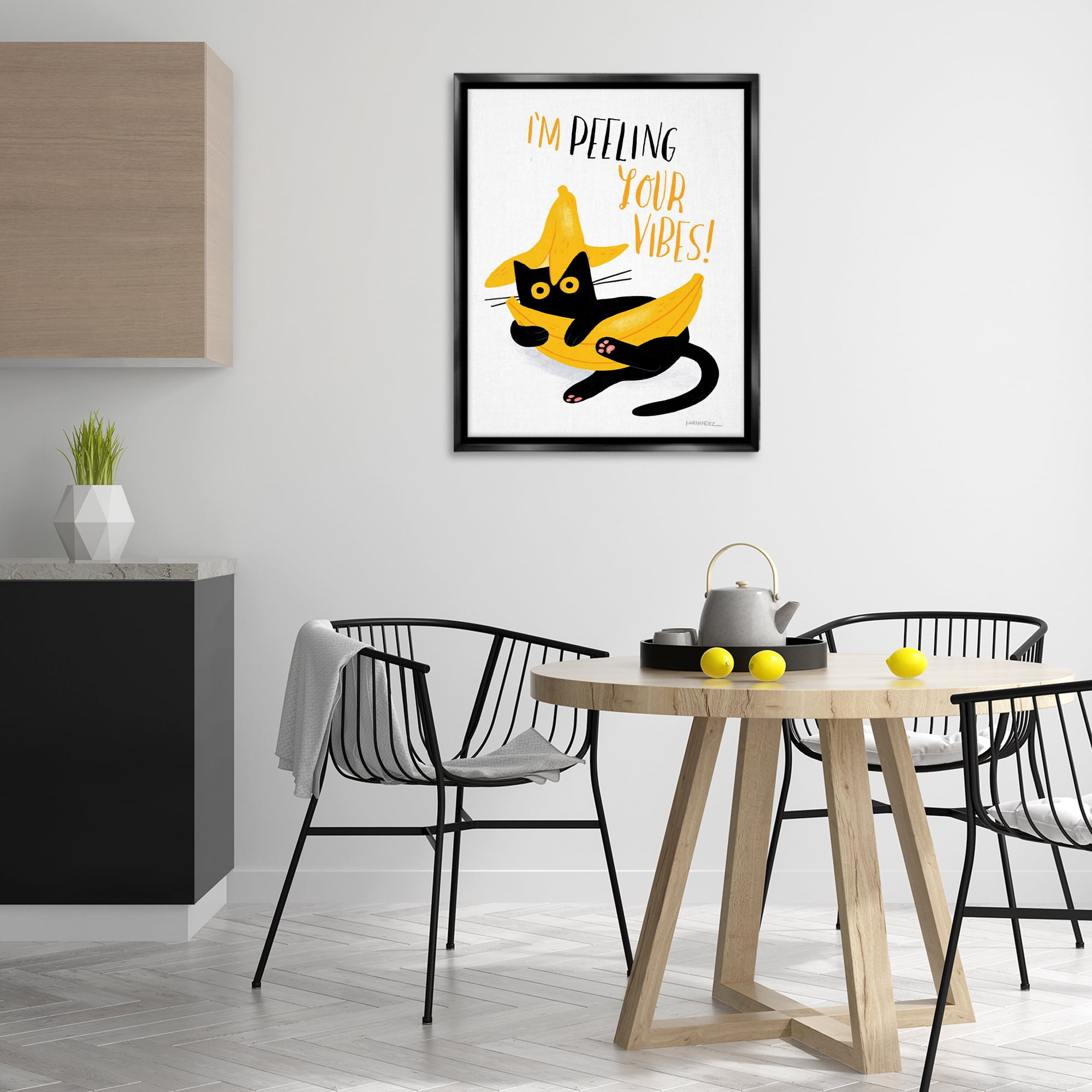 Stupell Industries Peeling Your Vibes Cat Animals Painting Black Floater Framed Canvas Art Print Wall Art, 25 x 31