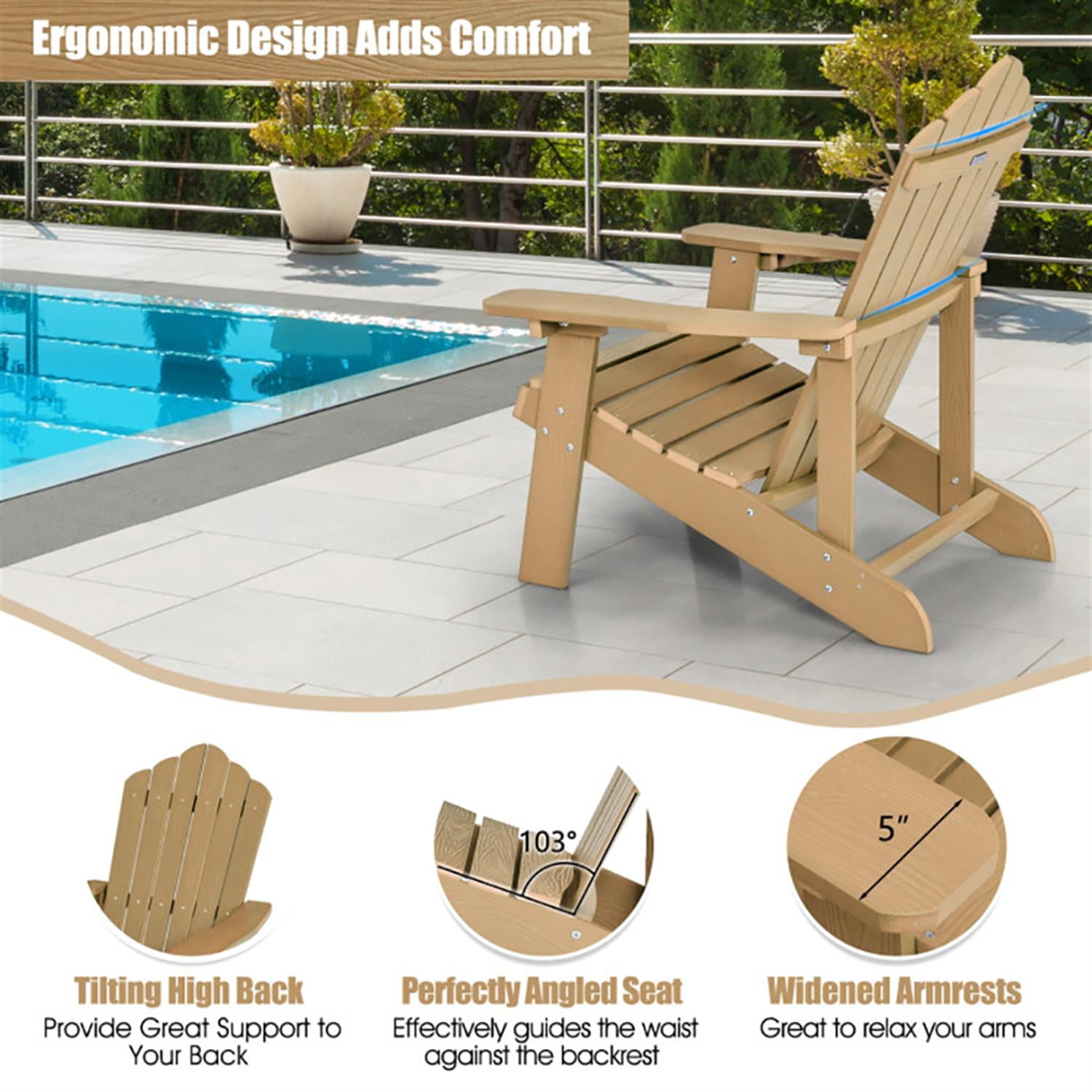 Spaco Outdoor Patio Weather Resistant HIPS Adirondack Chair with Cup Holder for Garden, Balcony, Poolside, Brown