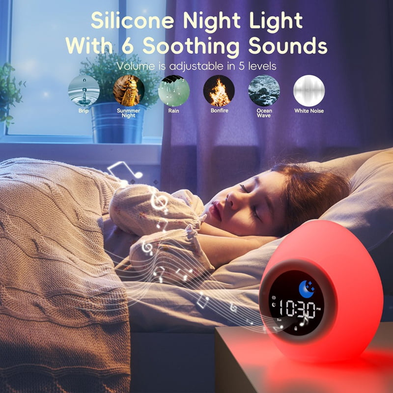 Alarm Clock for Kids Toddlers, Cute Touch Night Light with 6 White Noise Sound Machine, Ok to Wake Clock for Kids