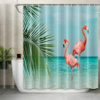 Beach Shower Curtain with Flamingo, Blue Teal Sea Pink Flamingo Bath Curtain Tropical Theme Nautical Ocean Shower Curtain Set with Hooks 69X70in…