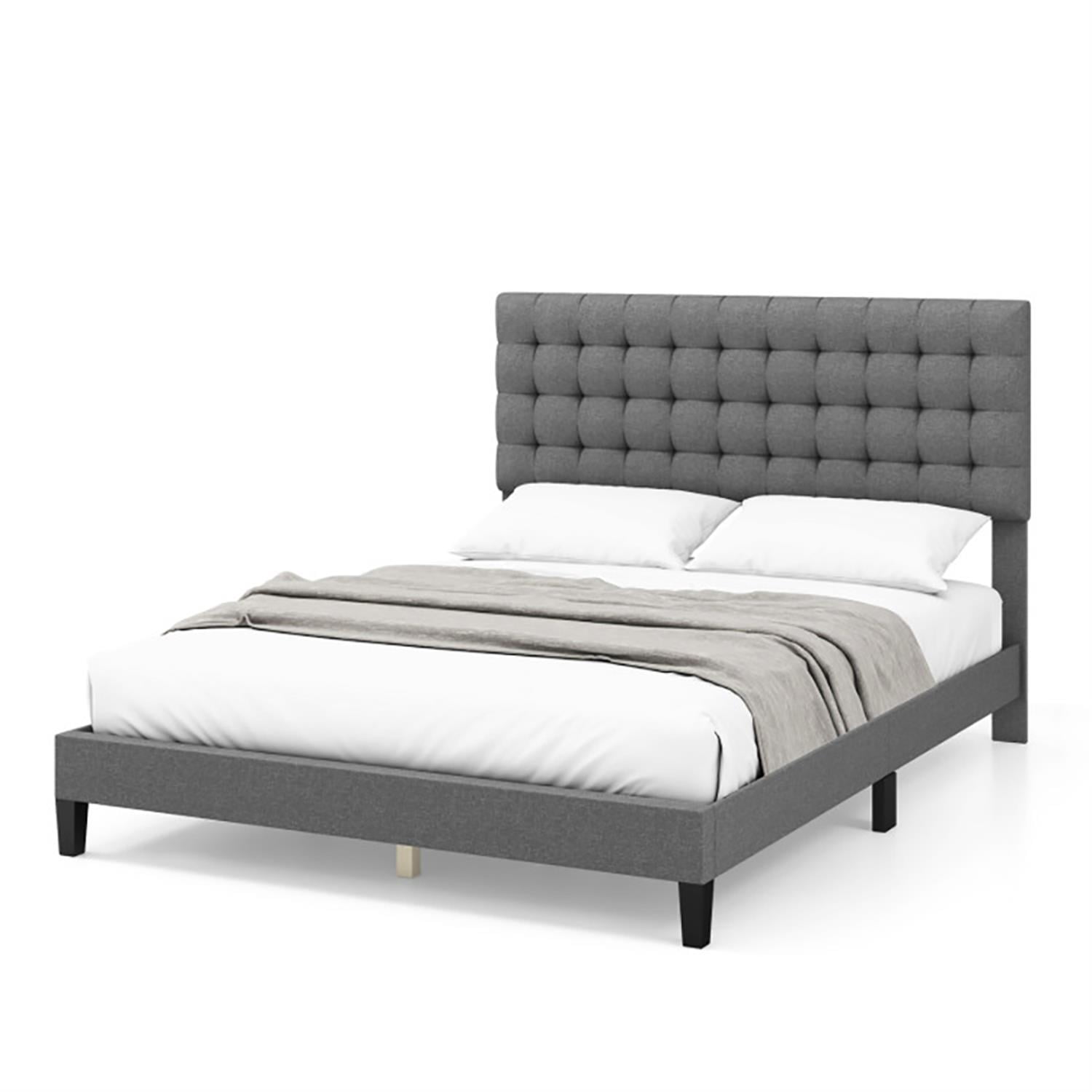 Demi Bonn Queen Size Upholstered Platform Bed Frame with Square Stitched Headboard and Wooden Slats Support, Fully Upholstered Mattress Foundation, Gray