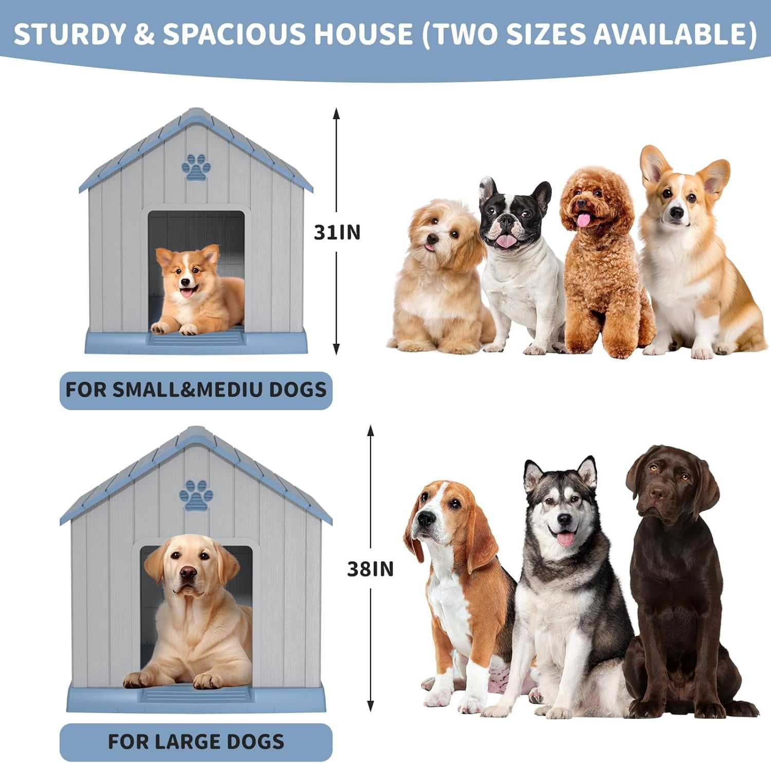 Blue 31" Indoor/Outdoor Weatherproof Dog House – Elevated Floor for Small to Large Breeds, Tool-Free Assembly