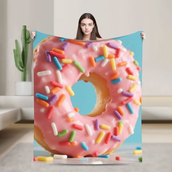 Pink Donut Print Throw Blanket Decorations Gifts for Women Winter Holiday Blanket Soft Fuzzy Plush for Couch Sofa, Flannel Blanket, Home Decor