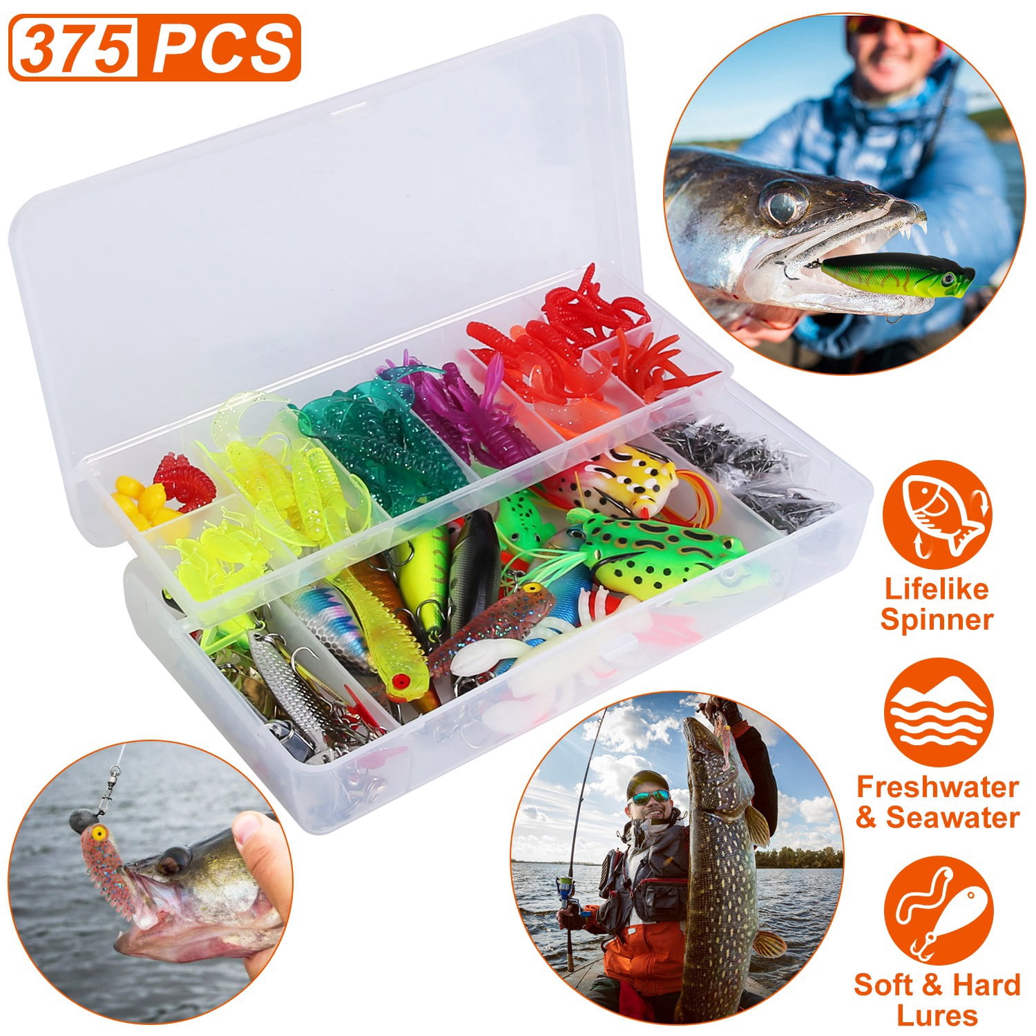 (Weiyi-EC)-- 375Pcs Fishing Baits And Tackle Box Saltwater Freshwater Fishing Lures Kit Lifelike Popper Crankbaits Crickets Frogs Spoon Lures Maggots **--（ 65lp;';）
