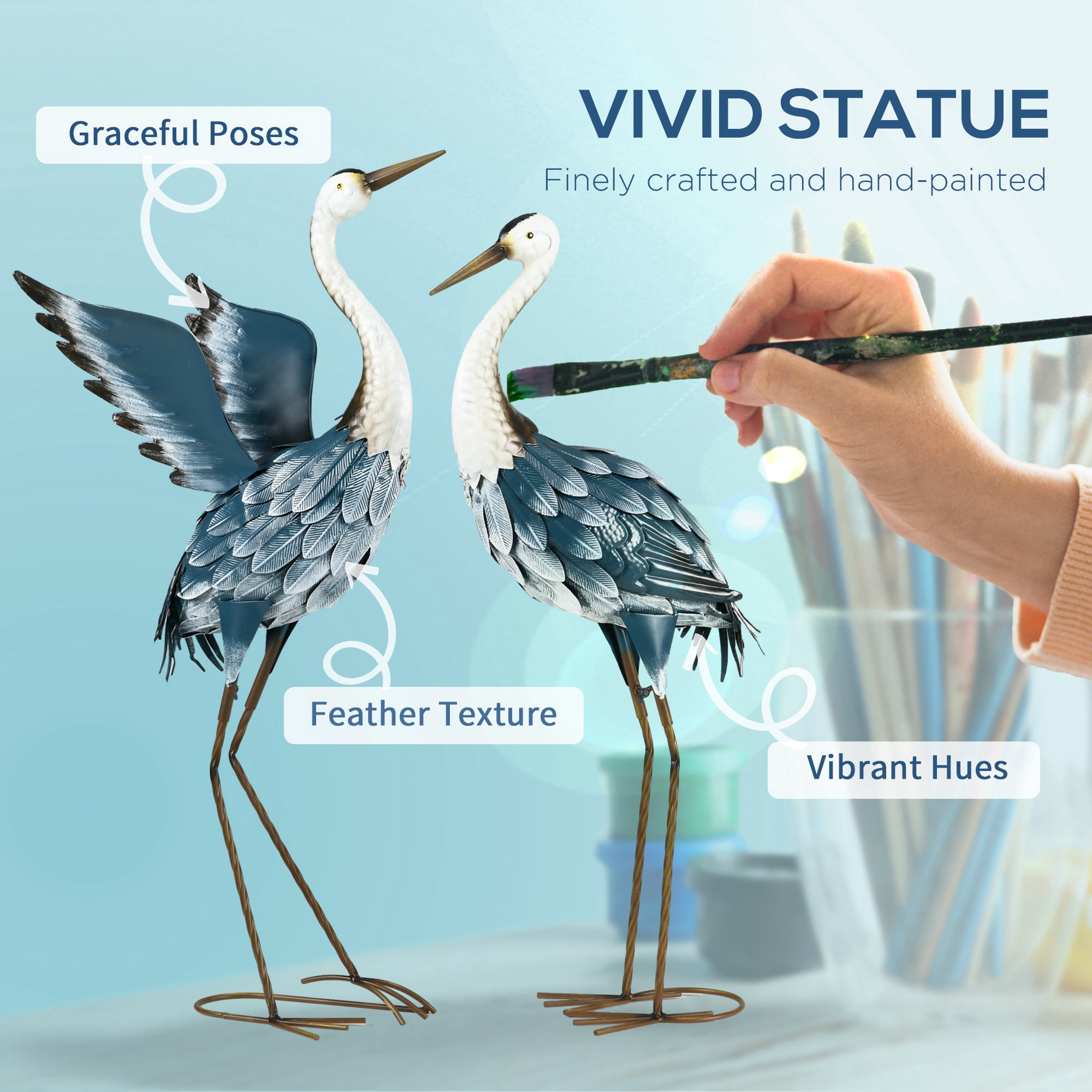 Outsunny Heron Garden Statues, 29" & 27.5" Standing Bird Sculptures, Metal Yard Art Decor, Landscape Decoration Set of 2, Blue & White