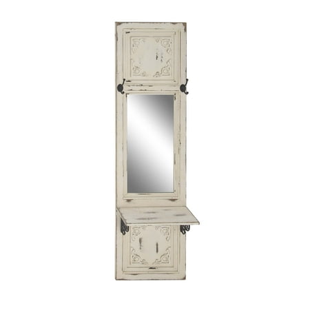 Decmode Traditional Beige Wood And Metal Rectangular Wall Mirror With Hooks And Shelf, Beige