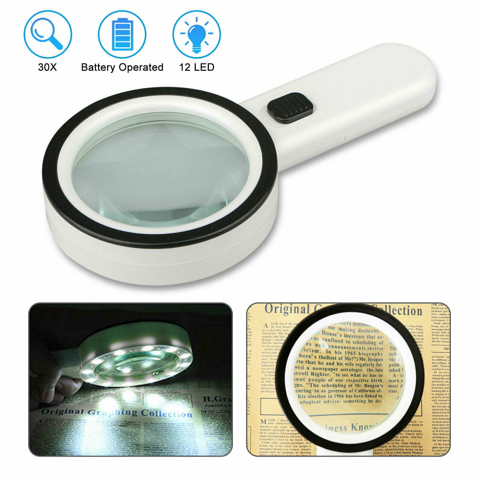 30X Jumbo Handheld Magnifying Glass w/ 12 Bright LED Light Illuminated Magnifier