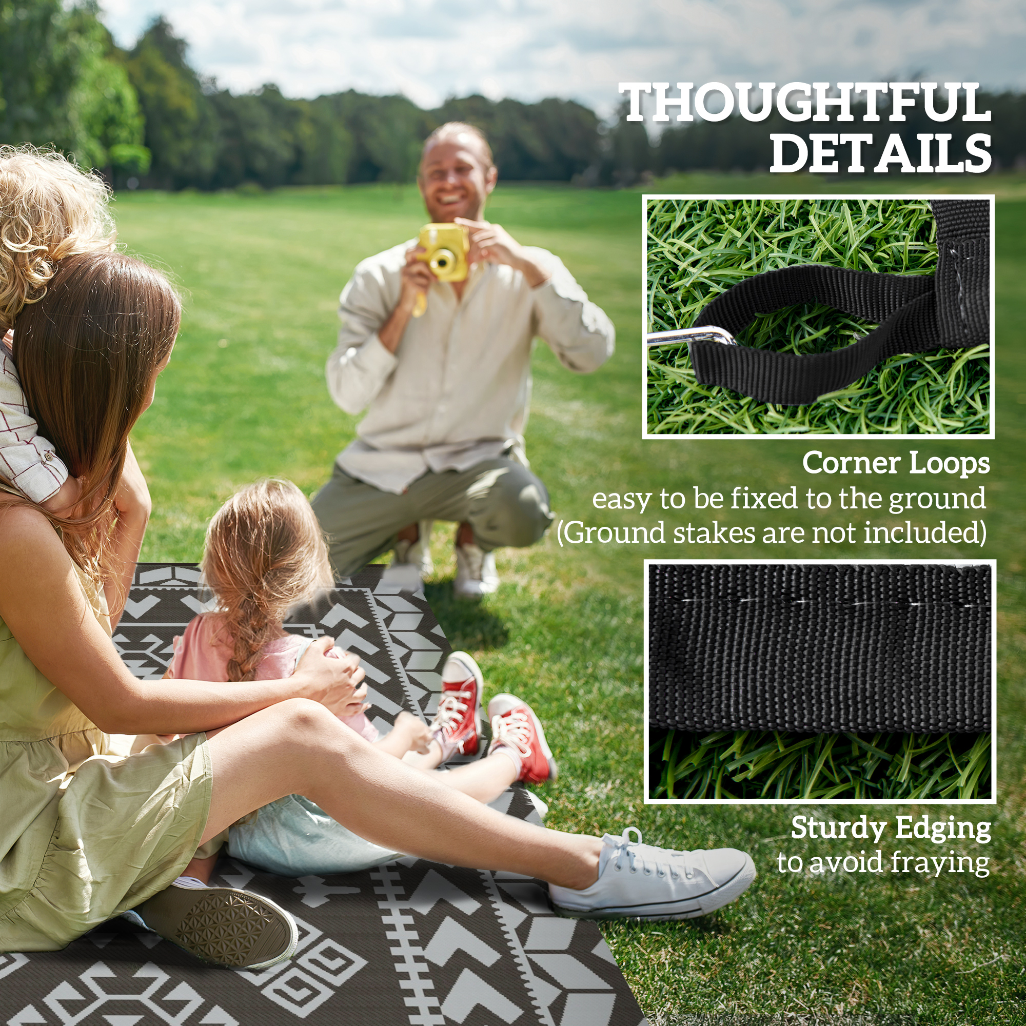 Outsunny Outdoor Patio Rug, Large Camping Carpet with Carrying Bag, 9' x 18' Waterproof Plastic Straw, Reversible, Black & Gray Rhombus Patchwork