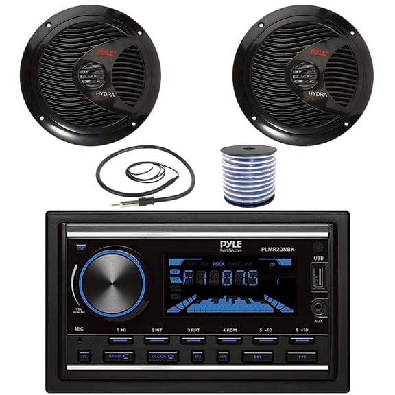 Pyle PLMR2DNBK Double-DIN Boat Marine Bluetooth USB/AUX MP3 Radio Head Unit Stereo Receiver, 6.5" 150W Max Power Waterproof Boat Speakers (1 Pair), 18 Gauge 50 Feet Speaker Wire, 22" Radio Antenna