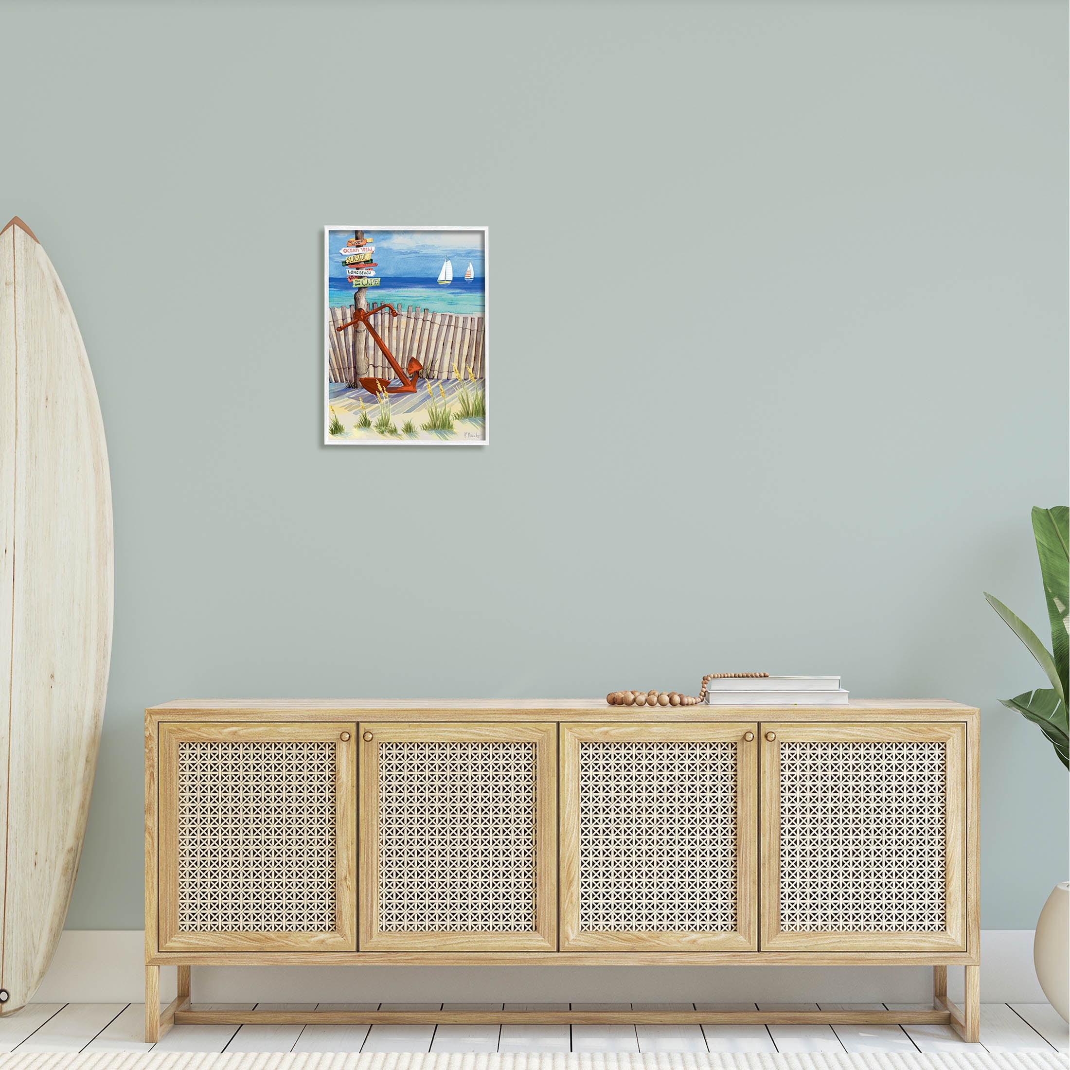 Anchor Leaning Beach Directions Sign Coastal Painting White Framed Art Print Wall Art