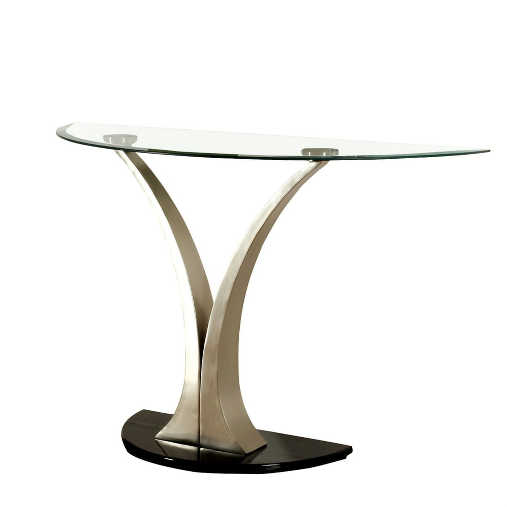 Sofa Table with Curved V Base and Semi Circular Glass Top, Silver