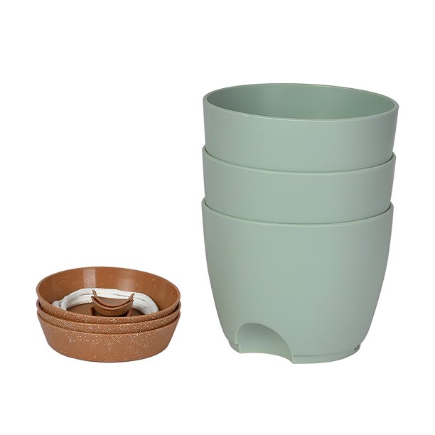 Maceta de 3 uds. Macetas de autorriego perezoso con caja de bandeja de base, agujeros de drenaje, jarrón automático para sala de estar Jardín y Patio Verde/con Bandeja Juego de 6.5 pulgadas/3 uds. Ounissouiy HA084263-02