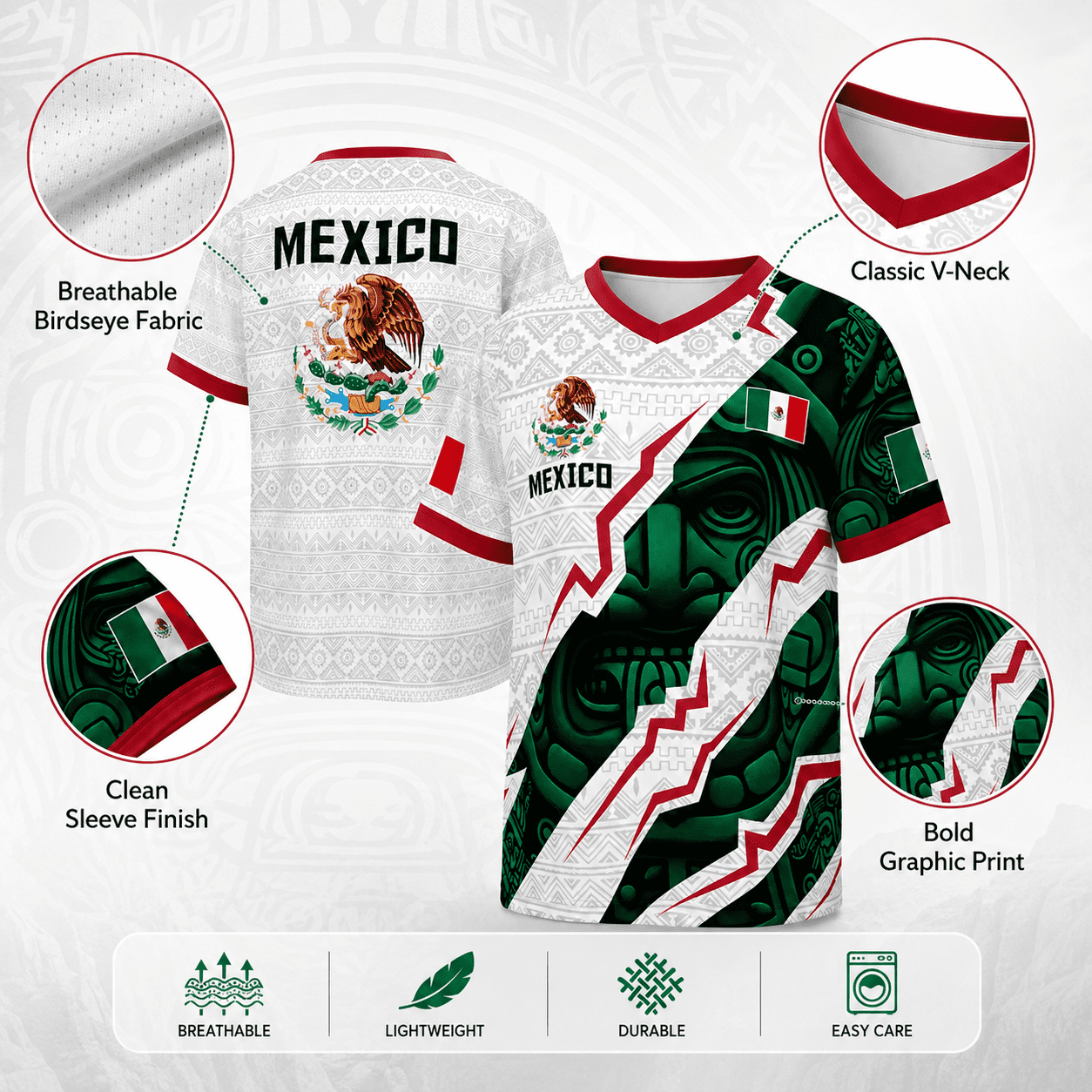 2026 Mexico Aztec Calendar Style Soccer Jersey, Men’s V-Neck Short Sleeve Fan Shirt for Game Day, Training, Travel, and Casual Wear