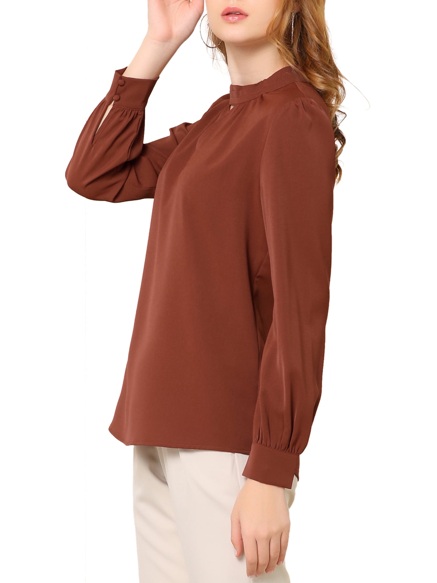 DARING DIVA Women's Stand Collar Long Sleeve Office Blouse M Brown