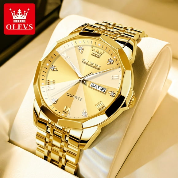OLEVS Gold Watch for Men Diamond Luxury Casual Dress Stainless Steel Date Quartz Watch Waterproof Luminous, Gifts for Men, Adult Male Wristwatch