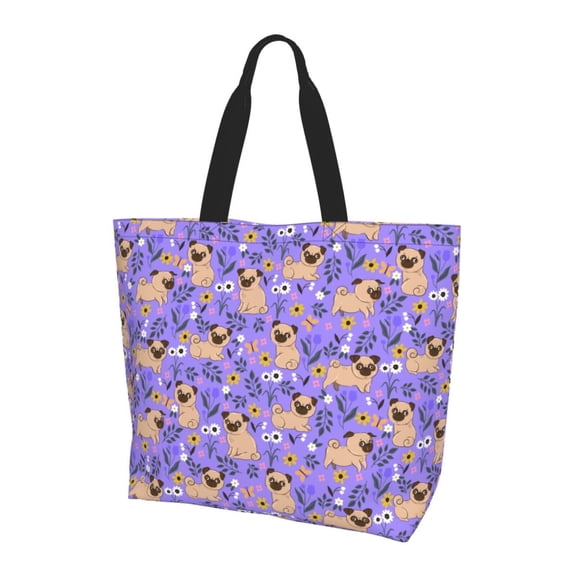 Kuqiui Pugs and Flowers Print Tote Bag,Zipper Tote Bag for Women,Tote Bag Inner Pocket Pattern Lightweight Daily Bag Book Bag