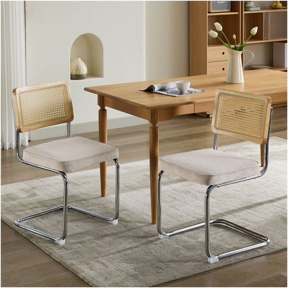 Mid Century Modern Dining Chairs Set of 2, Velvet Upholstered Seat with Cane Back, Stainless Steel Chrome Base, Beige