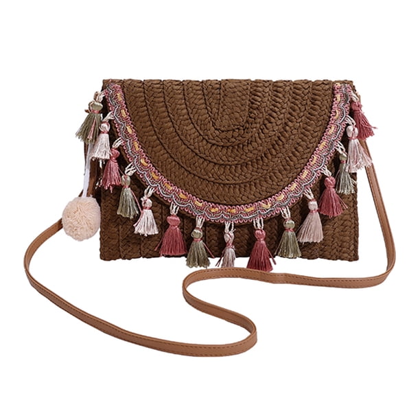 Bolso cruzado de mujer con borlas Bolso tejido de paja informal de verano para ir de compras (café) Tmvgtek Para Estrenar