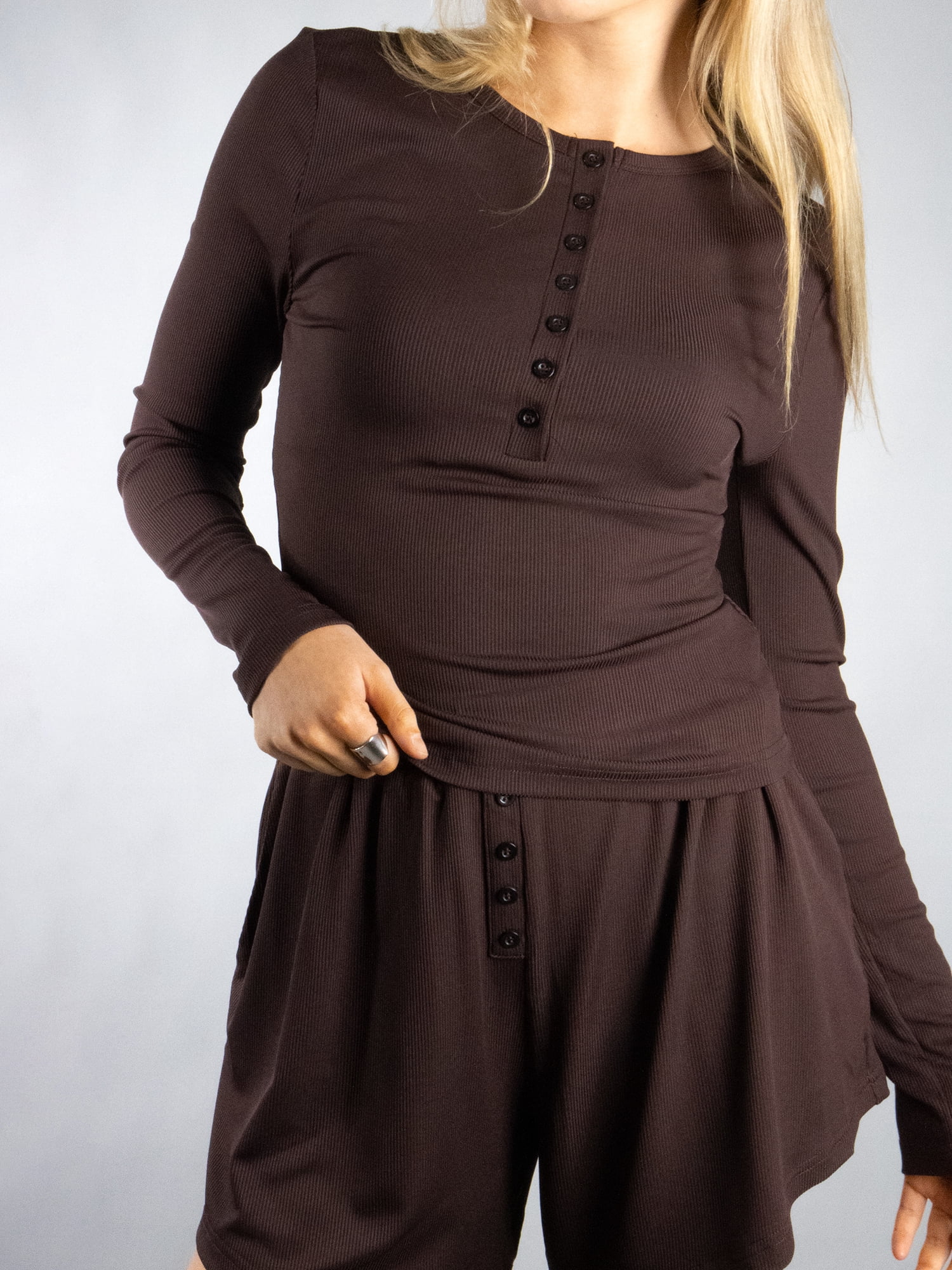 DARING DIVA Women's Stylish Long Sleeve Casual Set S Chocolate Brown