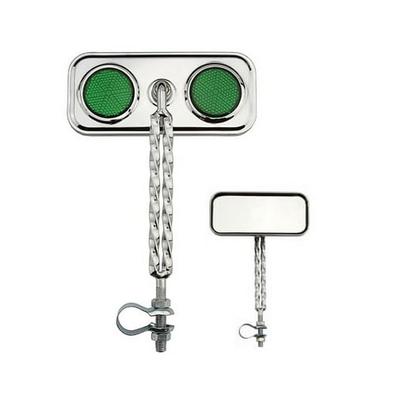 Two Double Twisted Mirrors Chrome Green Reflectors. Set of bike mirrors. Pair of bicycle mirrors. 2 bike Mirrors.