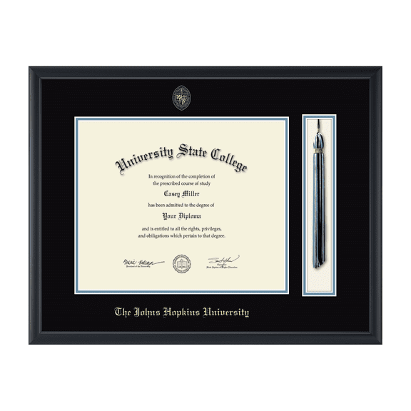 Framerly - JHU Tassel Diploma Frame with Black and Medium Blue Mat