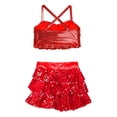 thumbnail image 4 of Xnihocha Kids Girls Lyrical Jazz Hip Hop Dance Sets Shiny Sequins Sleeveless Halter Crop Top+Skirt Red 16, 4 of 7