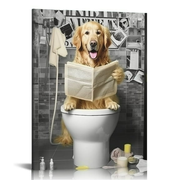 JRXY Golden Retriever Canvas Wall Art Black and White Funny Pictures Farmhouse Bathroom Wall Decor Dog Sitting in Toilet Painting for Toilet Bathroom Dog Artwork Framed 12x16 in