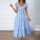 thumbnail image 2 of Vestido de Manga Corta para las Mujeres, un Hombro Puff Manga Cintura Alta Empalme Impresión Vestido Casual Hecho de Seda para Primavera Verano, Vestido de Verano para las Mujeres, 2 of 8