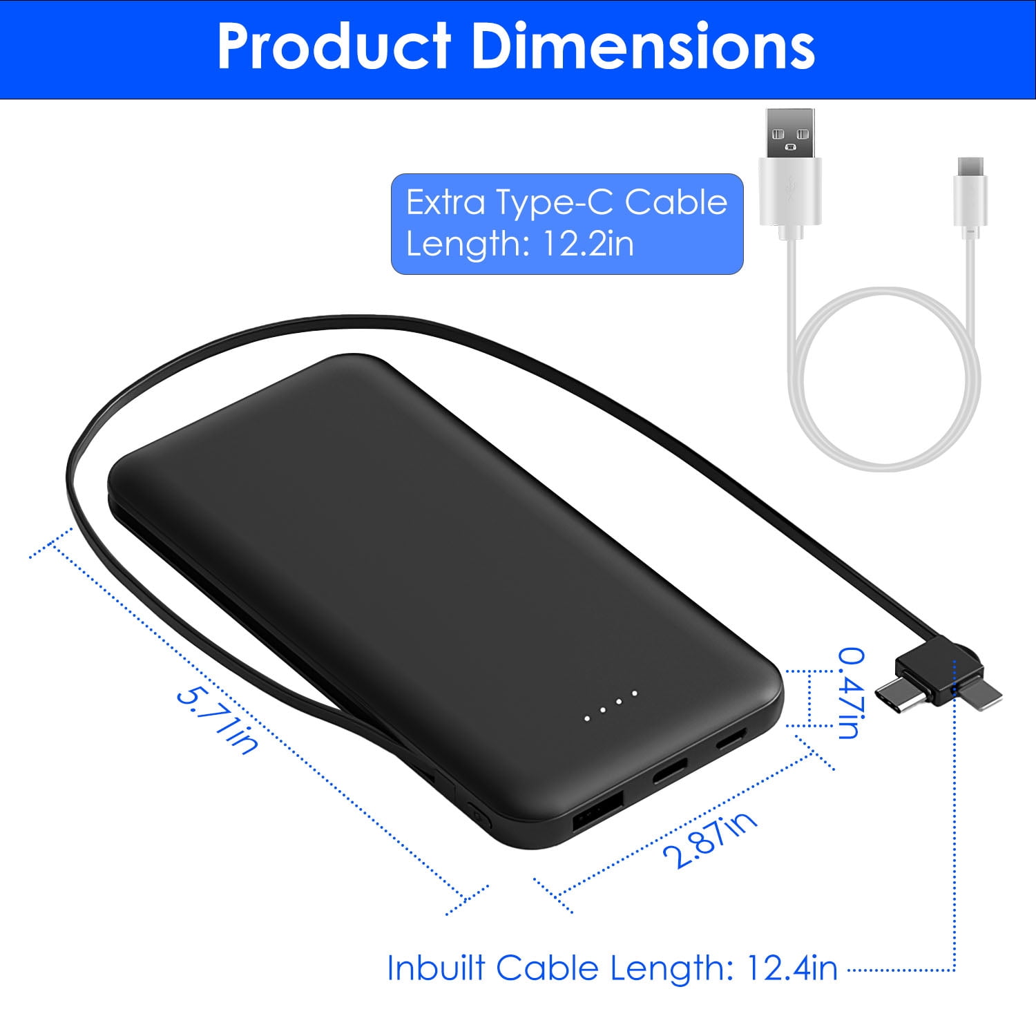 Portable 10000mAh Power Bank  External Battery Pack Phone Charger with LT Type-C Double-ended Cable Black