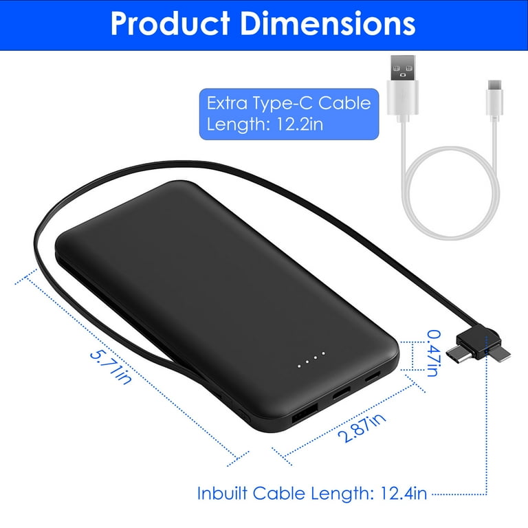 Portable 10000mAh Power Bank External Battery Pack Phone Charger with LT Type-C Double-ended Cable Black