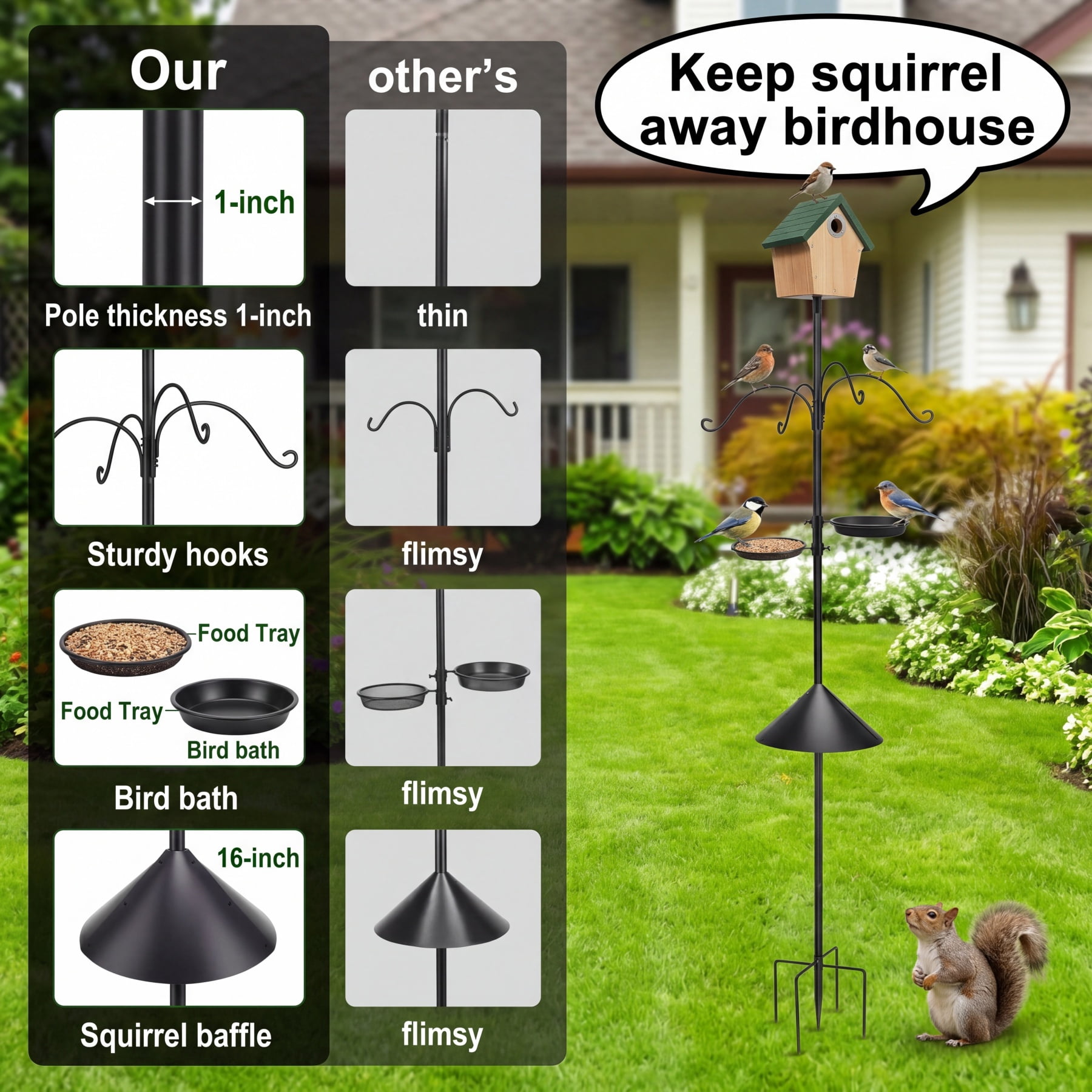 Umailgoo 92" Bird Feeder Pole with Squirrel Proof Baffle & 4 Shepherds Hooks- Adjustable Heavy Duty Bird House Feeding Station Stand Kit with 5-Prong Anchor for Outdoor Garden