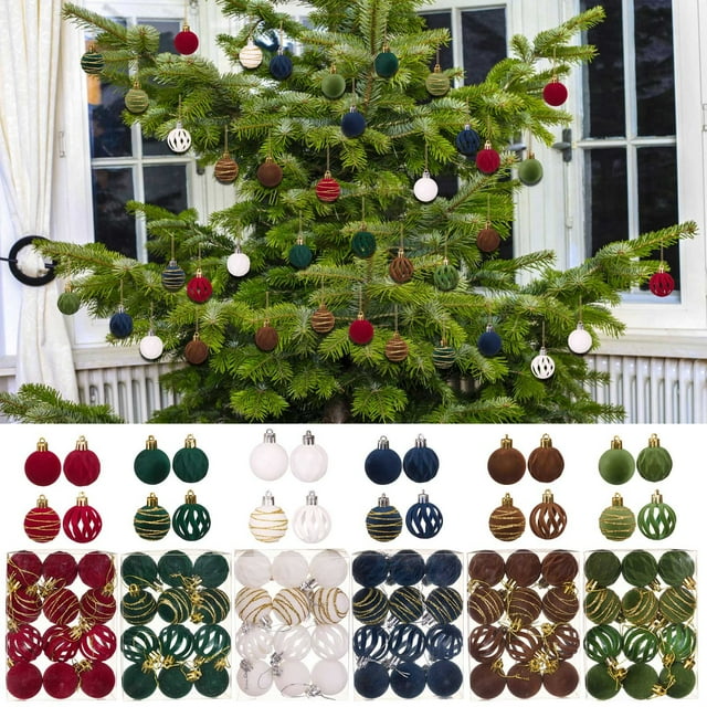 12 Bolas Navideñas de Terciopelo con Adornos Flocados | Decoraciones Navideñas de Plástico Marrón | 4 Cm de Diámetro | Cuerda para Colgar y Hebilla Metálica | Decoración Navideña de Invierno
