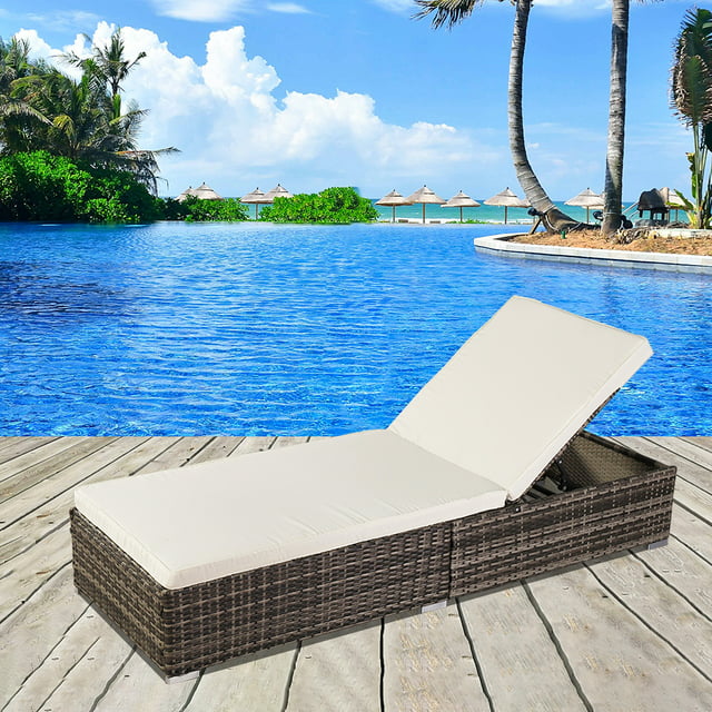 Outdoor Chaise Lounge, Patio Wicker Chaise Lounge with Removable Cushion, PE Rattan Lounge Chair with 5-Position Adjustable Back, Cushioned Chaise Lounge Patio Furniture Set for Poolside,1PC, Q17583