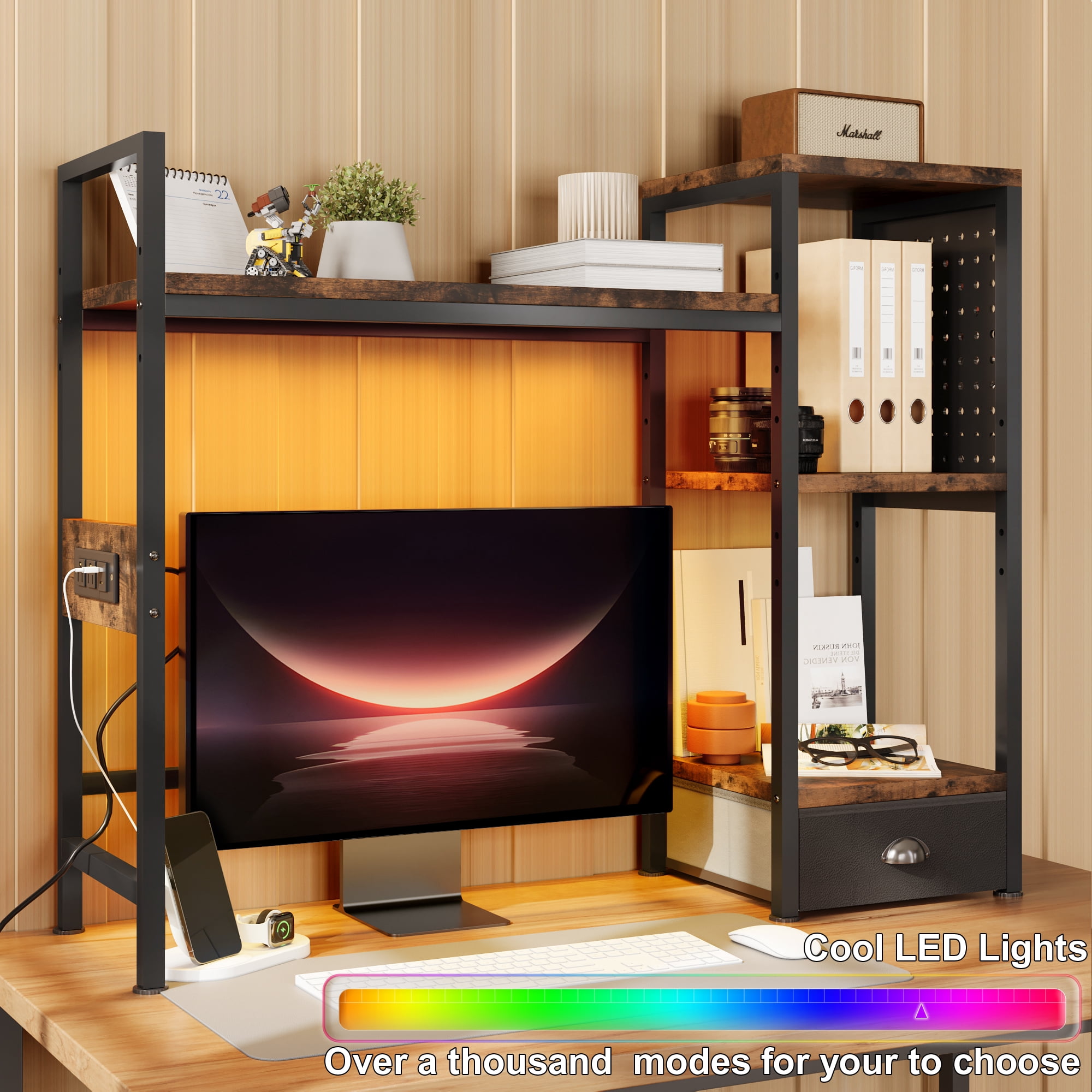 Desktop Bookshelf with Charging Station, LED Light & Adjustable Shelf, 3-Tier Desk Display Organizer for Office, Dorm, Living Room, Black