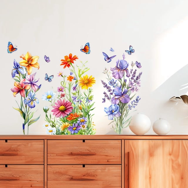 Pegatinas de pared con diseño de mariposas y flores, papel tapiz de PVC, decoración floral floreciente, de pared para dormitorio y comedor.