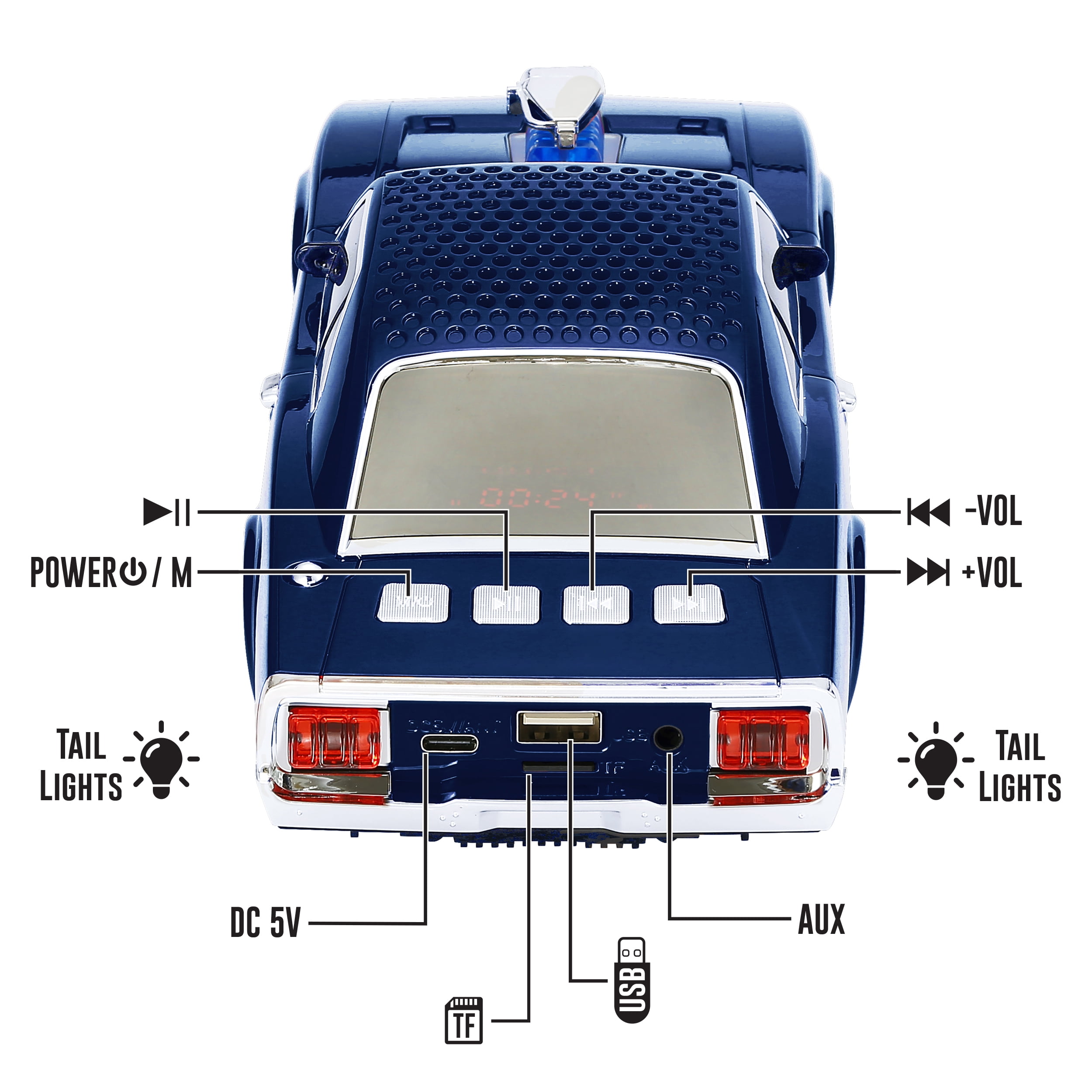 QFX Bluetooth 1968 Retro Muscle Car Replica Speaker, Dual 2-inch Speakers, Hands Free Link, Built-in Microphone, FM Radio and LED Party Lights, Blue - BT-1968-BLU