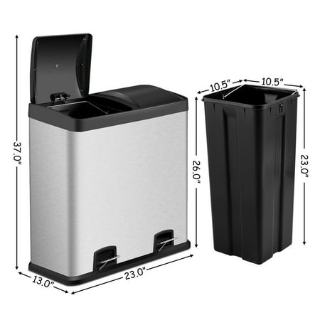 Costway 16 Gallon Dual Step Trash Can Stainless Steel Double Bucket ...