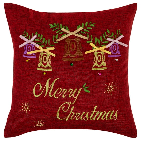 Violet Linen Seasonal Bells Decorative Embroidered Christmas Cushion Cover, 18" x 18", Bells Design