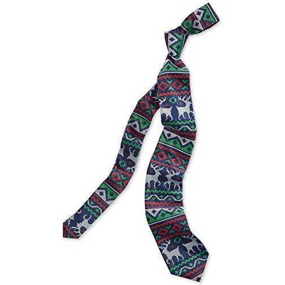Celebrate Shop Men’s Fair Isle Pattern And Reindeer Christmas Neck Tie, Blue/Red