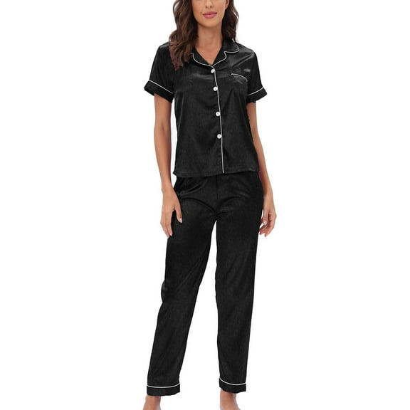 SWSMCLT Women's Satin Pajamas 2 Piece Pjs Summer Fall Button Pajama Set Soft Short Sleeve Pant Silky Lightweight Cool Spring Black X-Large
