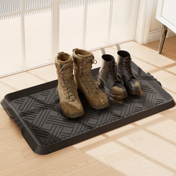 WATANIYA Waterproof Non-Slip Doormat Indoor/Outdoor Rubber Boot Tray, Pet Food Mats Tray - 16" x 27.5", Black