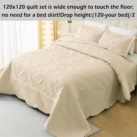 Oversize King Bedspread 120"x120", 3 Piece California King Quilt, Lightweight Beige Quilt Set for All Season, Modern Coin Pattern Bedding Set (1 Quilt, 2 Pillowshams)