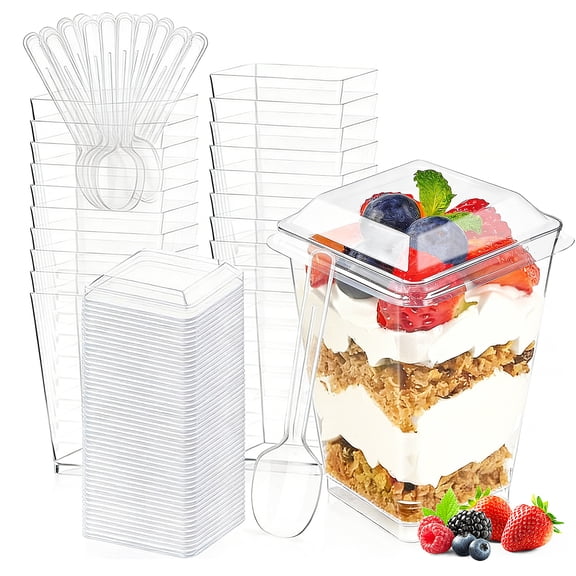 Godance 50 Pack 5 Oz Plastic Dessert Cups with Lids and Spoons, Clear Yogurt Parfait Appetizer Cups, Mini Square Dessert Shooter Cups for Party Pudding, Ice Cream, Fruit Trifle