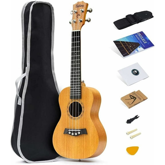 Batking Concert Ukulele Solid Top Mahogany 23 Inch Ukelele With Accessories & Gig Bag,Strap,Nylon String,Trigger Capo,Picks(Natural Color)