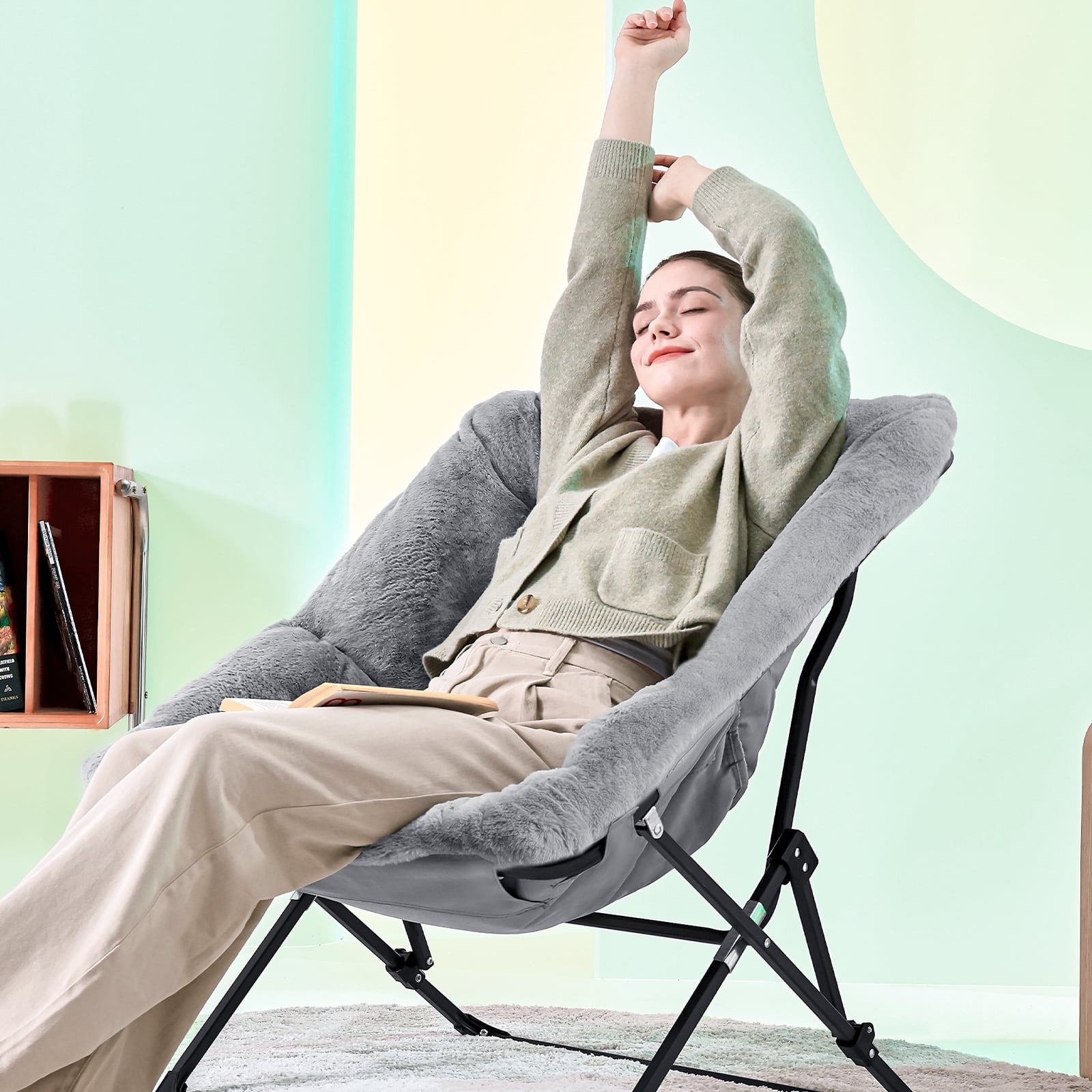 ARKANTOS Folding Saucer Chair for Adults, Comfy Chair for Bedroom and Living Room, Faux Fur Lounge Chair ,Gray