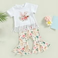 thumbnail image 2 of Fesfesfes Toddler Outfits For Girls Easter T-shirt Pants Set Boys' Girls' Short Sleeve Shirt Tassel T-shirt Bunny Floral Flared Pants Set 2Pcs Set 18-24 Months, 2 of 8